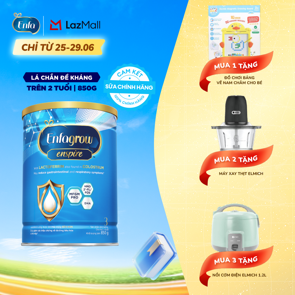[CHỈ TỪ 25-29/06 MUA LÀ CÓ QUÀ] Sữa bột Enfagrow Enspire 3 850g hỗ trợ đề kháng với Lactoferrin dành cho trẻ từ 2-6 tuổi