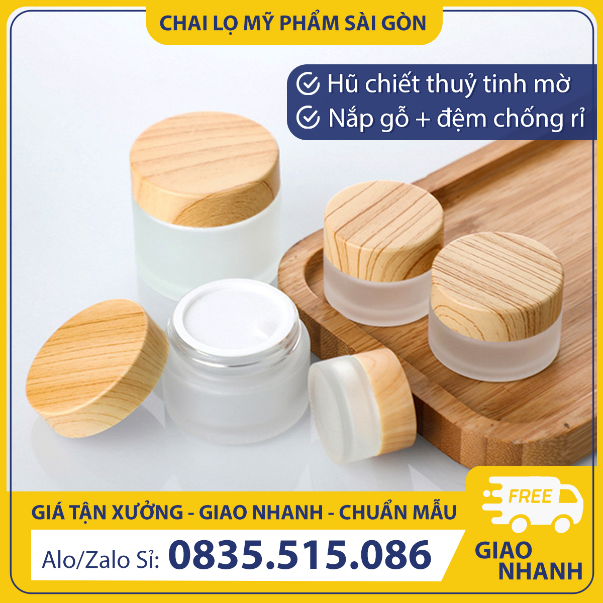 Hũ thủy tinh chiết kem, mỹ phẩm, 5g, 10g, 15g, 20g, 30g, 50g, 60g, hũ nắp vặn giả gỗ sang trọng - BuyOne - BOPE30
