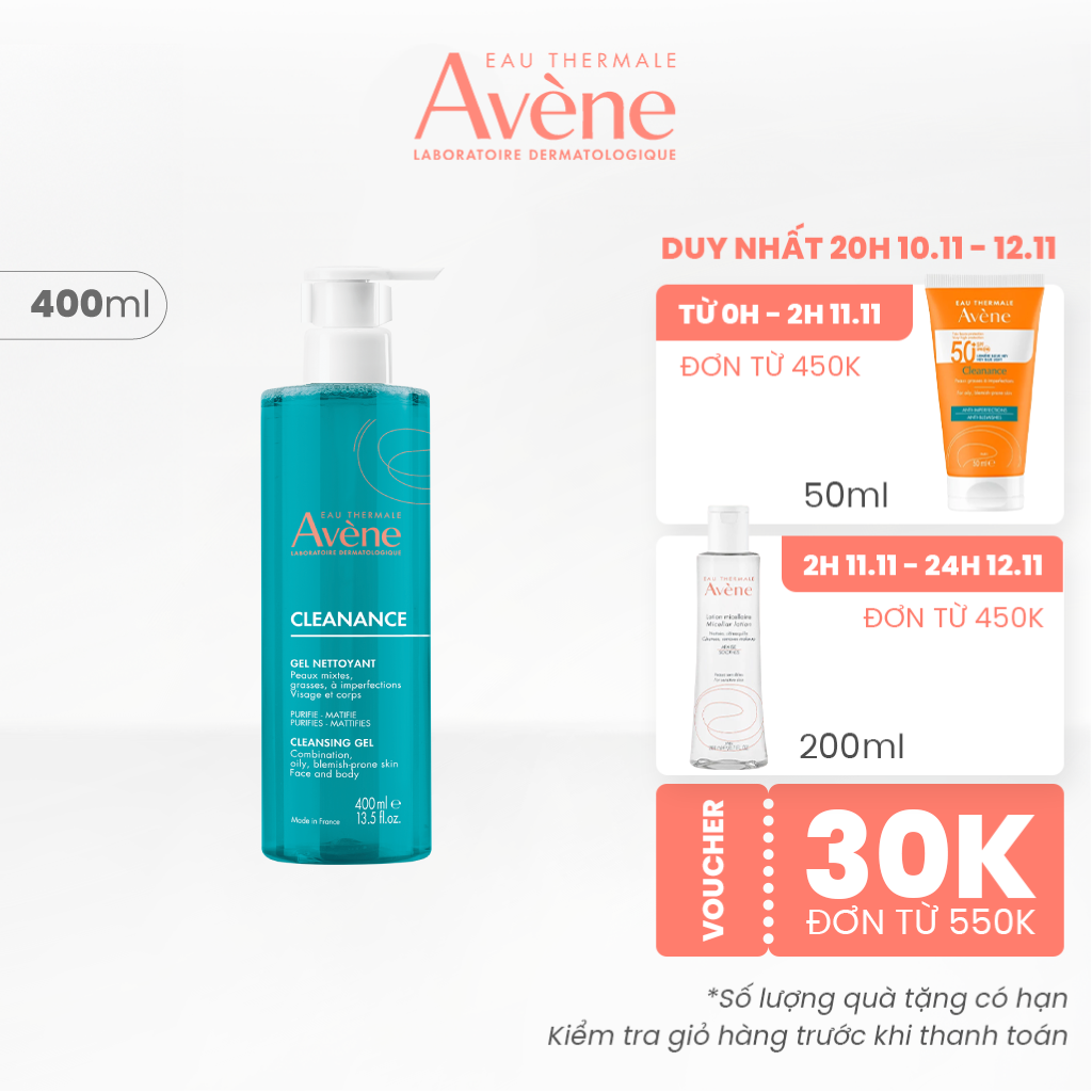 Gel rửa mặt cho da dầu mụn Eau Thermale Avène CLEANANCE Cleansing Gel làm sạch sâu bụi bẩn giảm bã nhờn 400ML