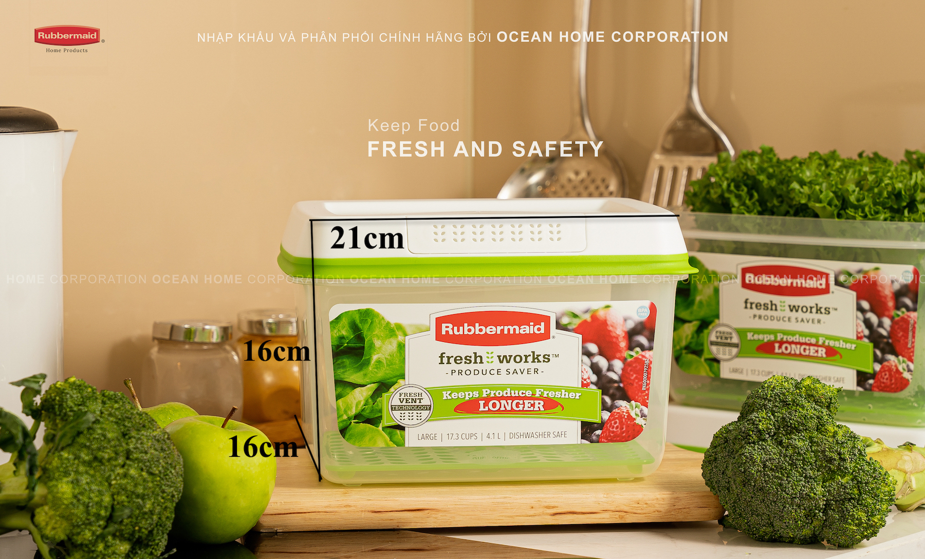 Hộp bảo quản rau củ quả RUBBERMAID có nắp màu xanh bằng nhựa nguyên sinh cao cấp loại 4,1L - Chính Hãng từ Mỹ