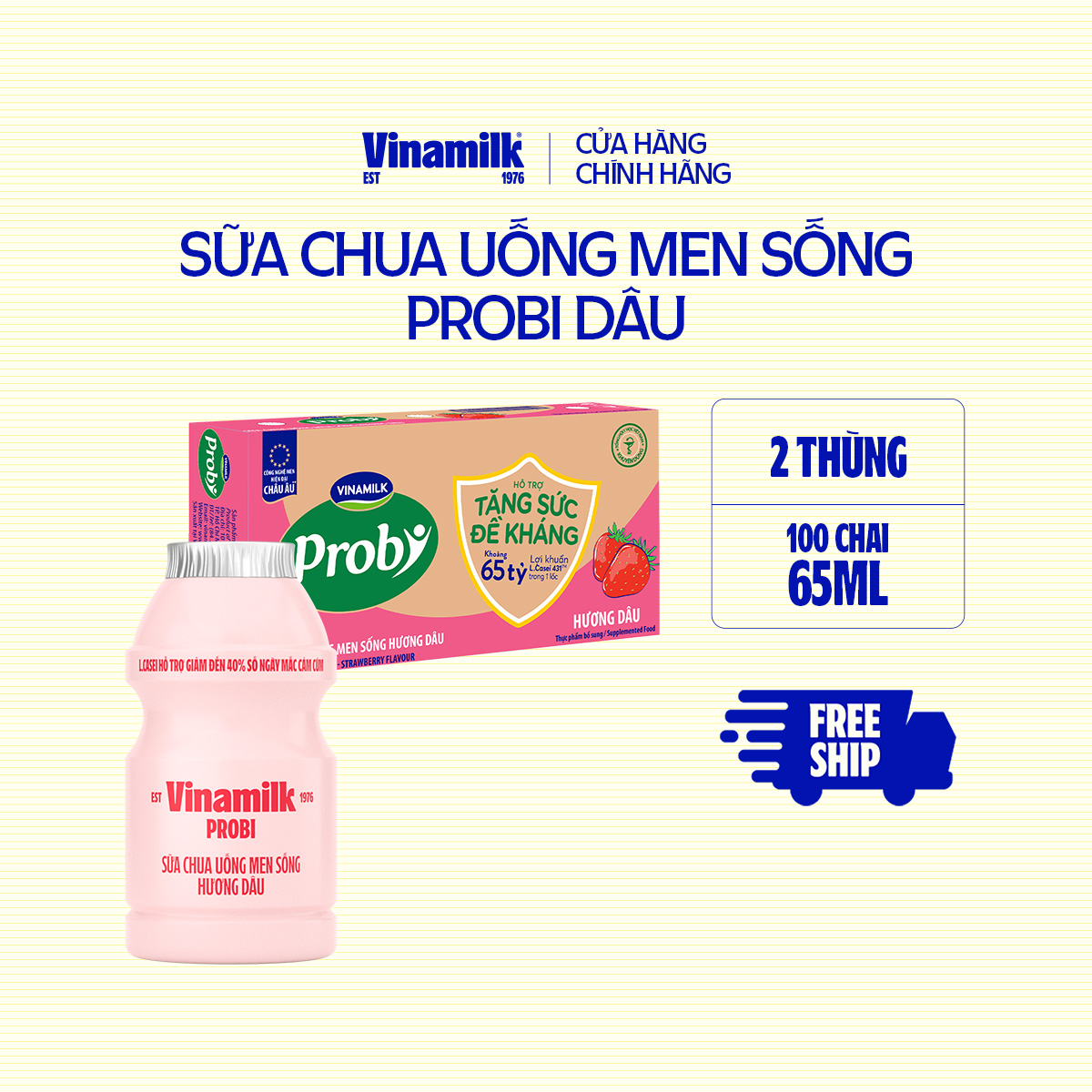 2 Thùng Sữa chua uống Probi Hương Dâu chai 65ml - 50 chai/Thùng Yogurt