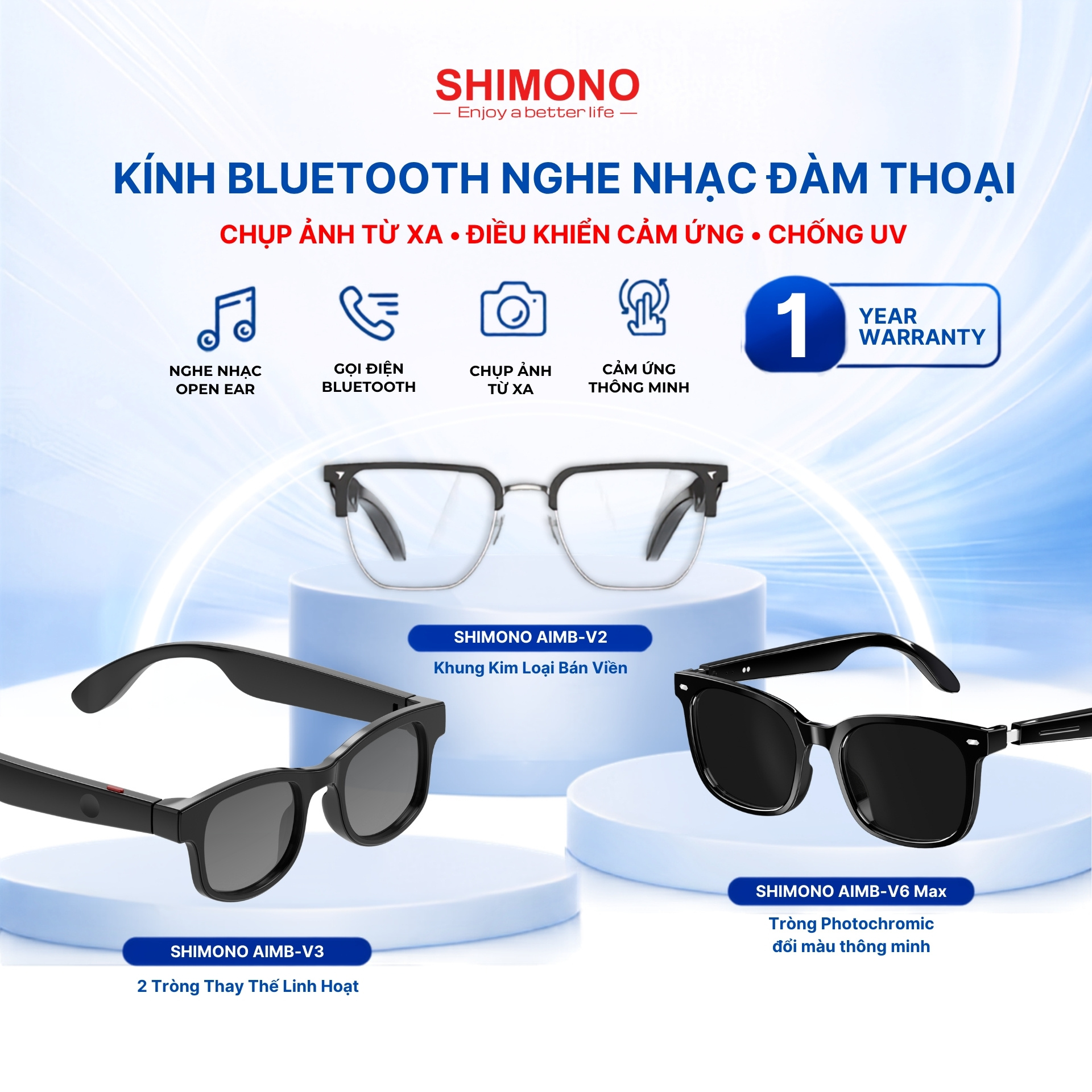 Kính Thông Minh Bluetooth SHIMONO Nghe Nhạc Open Ear, Đàm Thoại Rảnh Tay, Chụp Ảnh Từ Xa, Điều Khiển Cảm Ứng