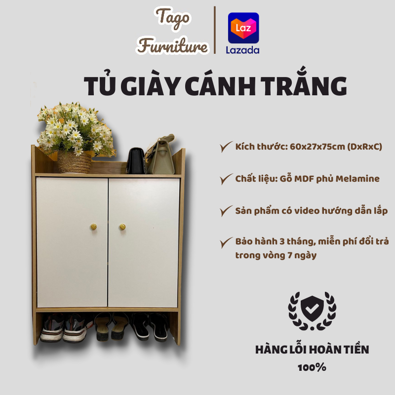 Tủ giày cánh trắng, kệ để giày thông minh gỗ mdf 4 ngăn hộc để đồ, cánh tủ che bụi hiện đại 60x27x80 tago nd10