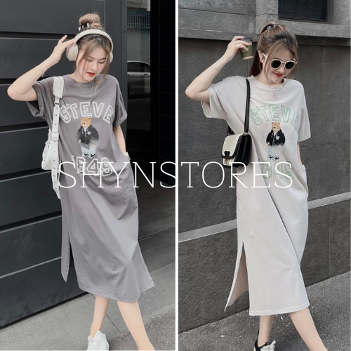 Sỉ Váy suông nữ - đầm suông tay lỡ cổ tròn túi eo xẻ vạt in chữ