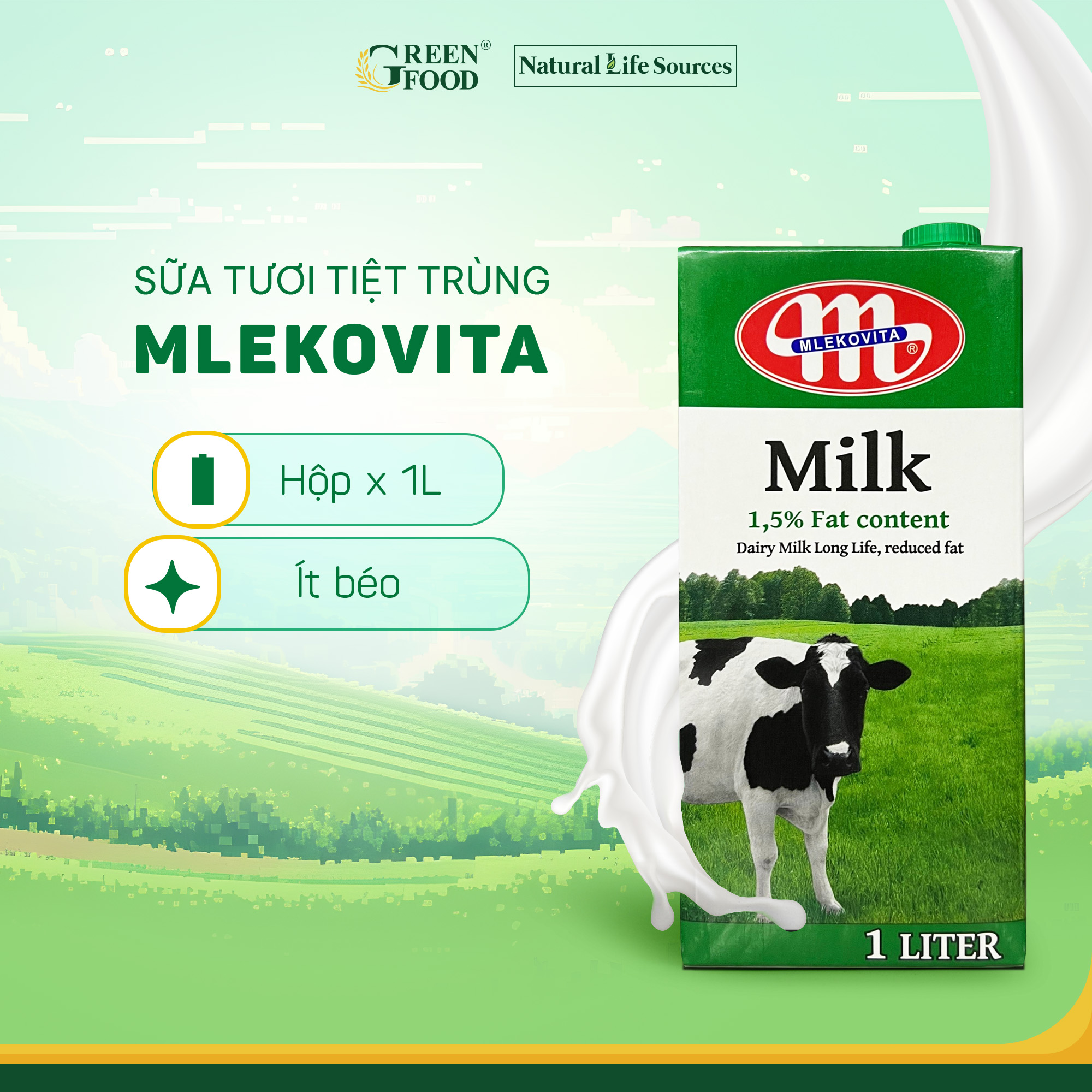 Sữa Tươi Tiệt Trùng Mlekovita Ít Béo Không Đường 1L - nhập khẩu chính hãng từ Ba Lan, phù hợp với người ăn kiêng, giảm cân.
