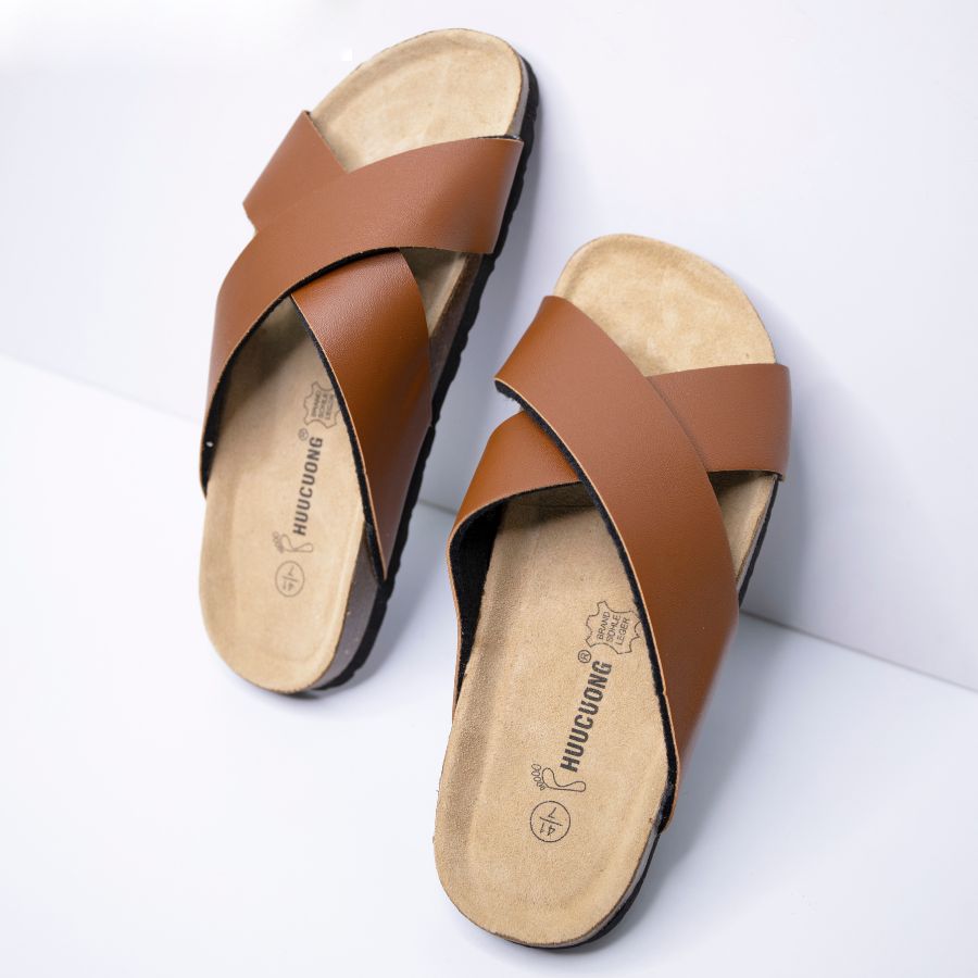 Dép đế trấu unisex quai chéo da pu nâu