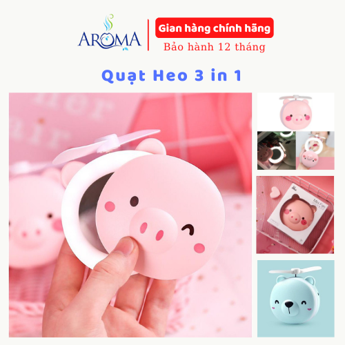 Quạt mini cầm tay 3 in 1 hình Heo dễ thương, có Đèn, Quạt, Gương tiện lợi cho các bạn nữ siêu Cute