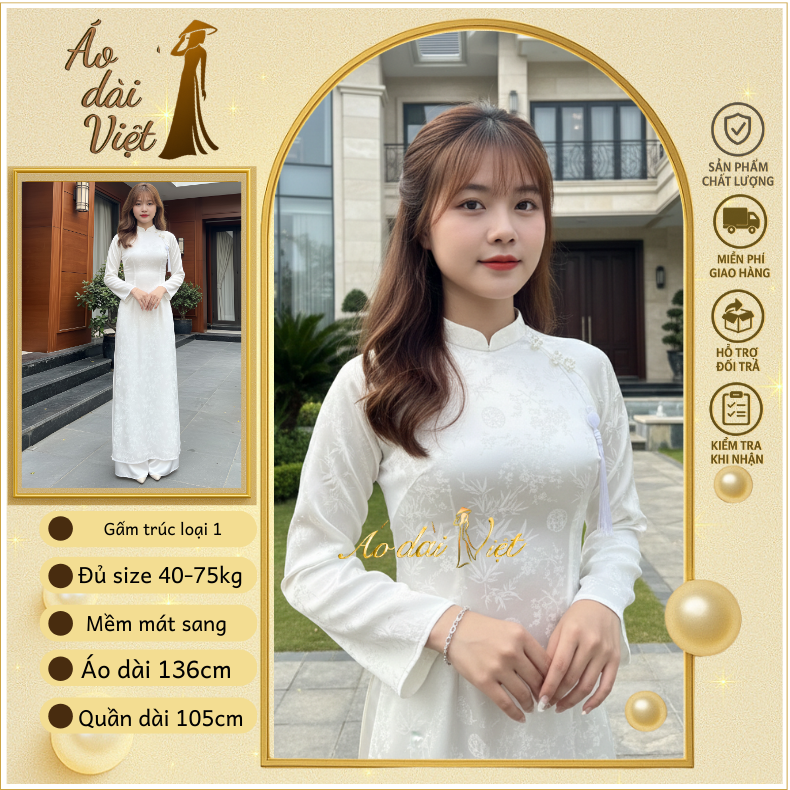 Áo dài truyền thống nữ tết 2026 dáng ôm gấm trúc loại 1 cao cấp màu trắng tinh khôi
