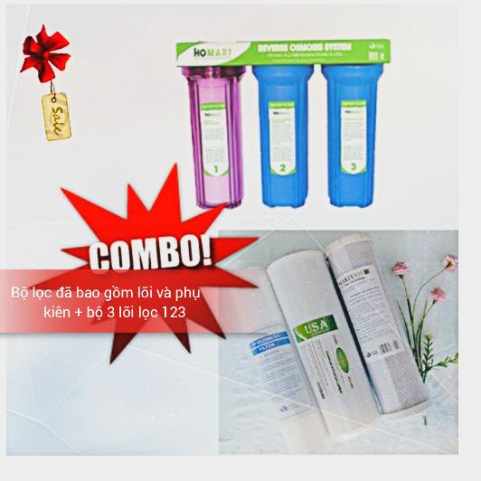 [HCM]COMBO Bộ lọc nước sinh hoạt - lọc thô đầu nguồn 3 cấp ly 10 inch chuẩn dùng cho gia đình + BỘ 3 LÕI LỌC NƯỚC SỐ 123