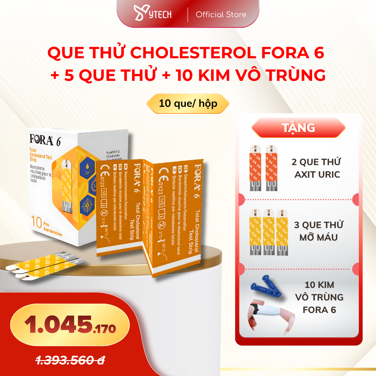 [YTECH] Que Thử Mỡ Máu Cholesterol FORA 6 (Hộp 10 Que) Tặng 5 Que Test + 10 Kim Vô Trùng Fora 6