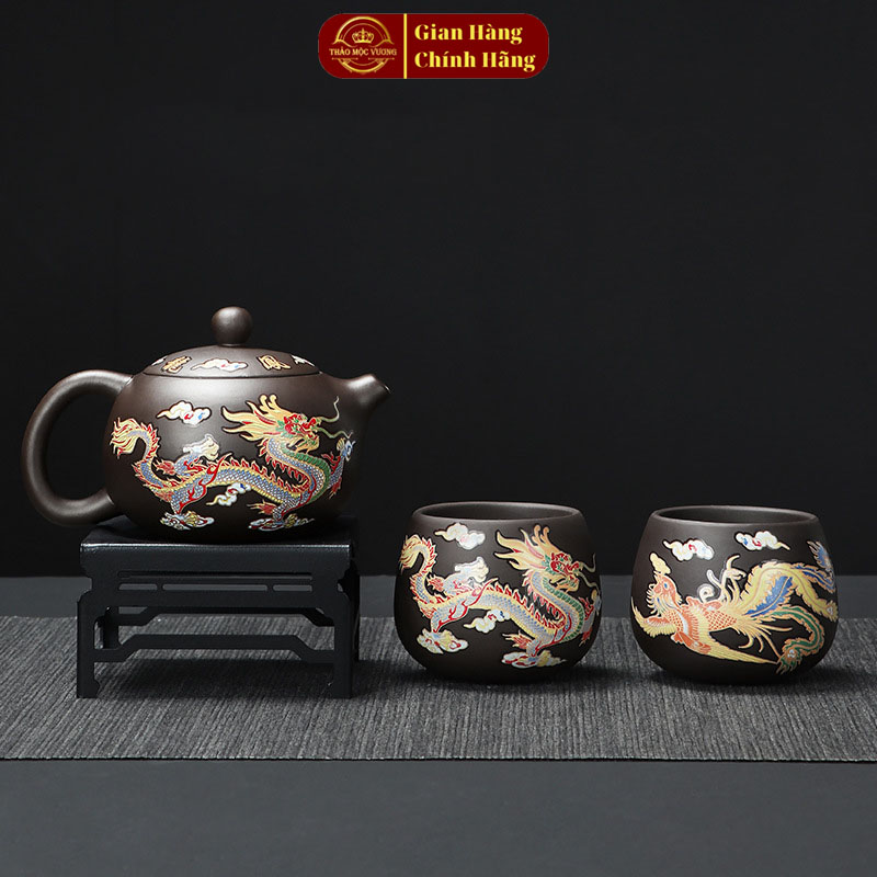 Ấm chén pha trà tử sa tây thi thay đổi màu sắc khi gặp nước nóng - ấm trà long phụng minh kèm hộp đựng cao cấp