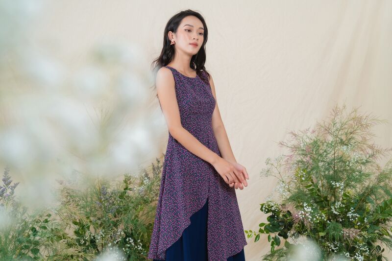 F459036 Đầm cách tân Fiona dáng dài xòe sát nách