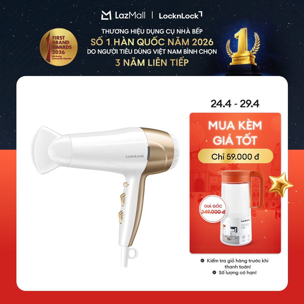 ENA136WHT - Máy Sấy Tóc LockLock cao cấp - 3 chế độ nhiệt, Có nút làm mát 2200W - Màu Trắng - Hàng chính hãng - Bảo hành 2 năm