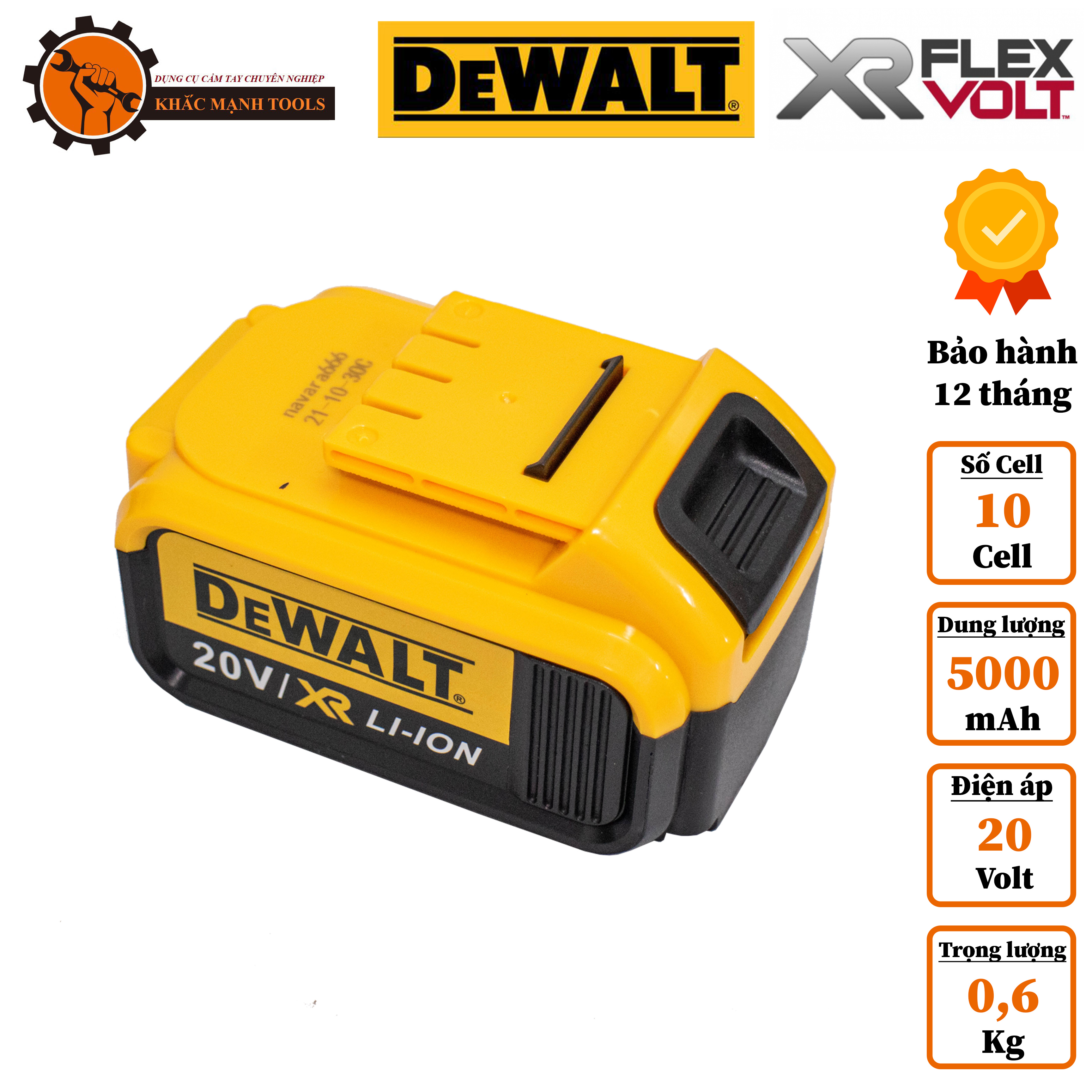 Pin máy khoan, siết bulong DeWALT 20v (K-MAX chính hãng), loại 3 chấu, có đèn báo pin