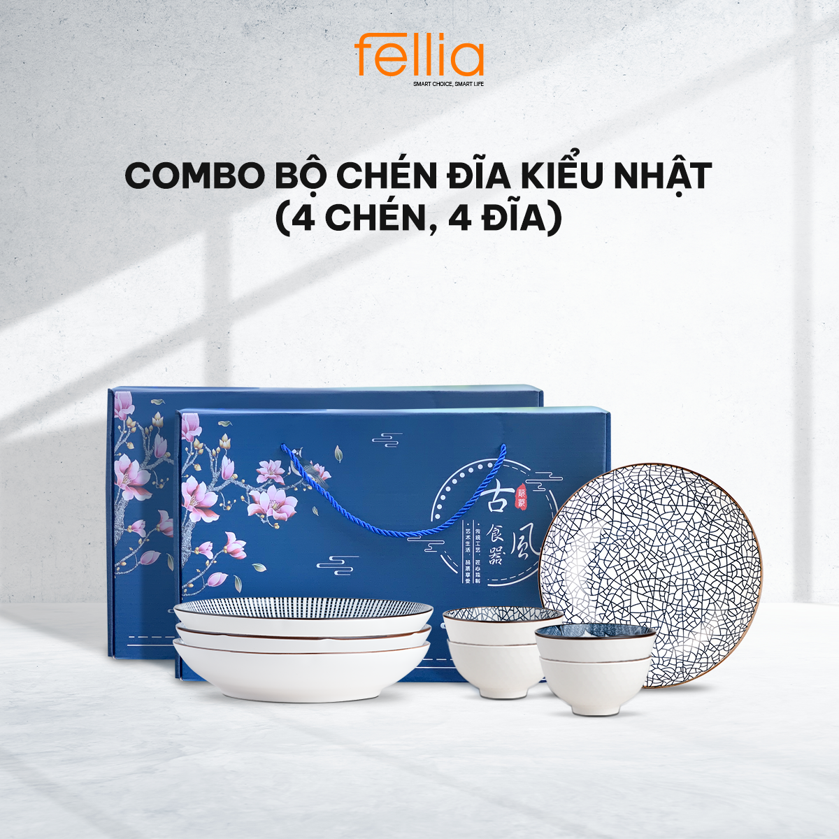Combo 2 bộ chén bát đĩa Fellia kiểu Nhật | Sứ cao cấp | Quà tặng đóng hộp