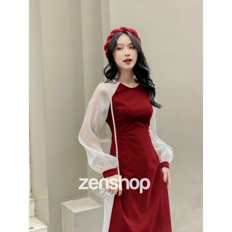 Sét áo dài cách tân đỏ tay dài kèm quần tuyết nhung trắng cực xinh cho nàng diện tết