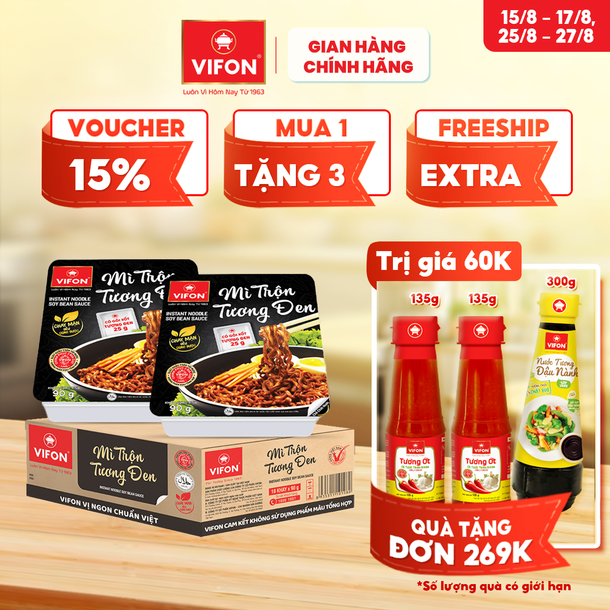 Thùng 18 khay Mì Trộn Tương Đen/ Bò Sa Tế / Hải Sản / Spaghetti / Pad Thái / Tôm Chua Cay Thái VIFON 90gr/khay