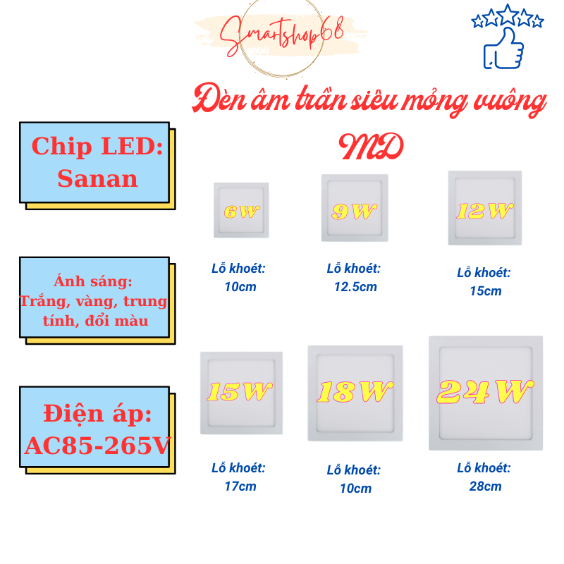 Đèn LED âm trần siêu mỏng vuông 24W lỗ khoét Φ280, sáng trắng, vàng, trung tính và đổi màu, tiết kiệm điện, khởi động nhanh,BH 24 tháng