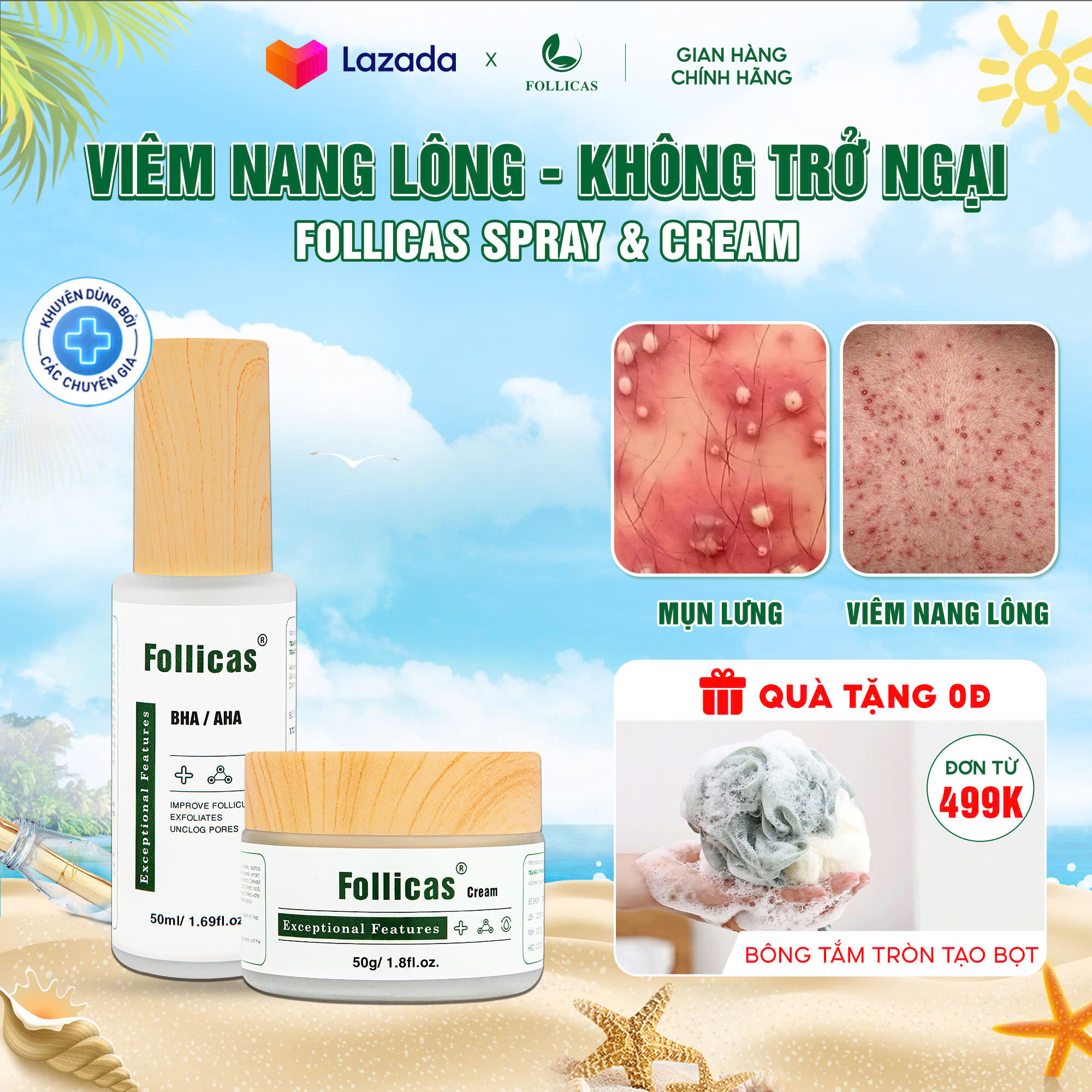 Combo 2 Kem + Xịt Viêm Nang Lông Follicas Giúp Cải Thiện Viêm Lỗ Chân Lông Mụn Lưng Làm Trắng Mờ Thâm
