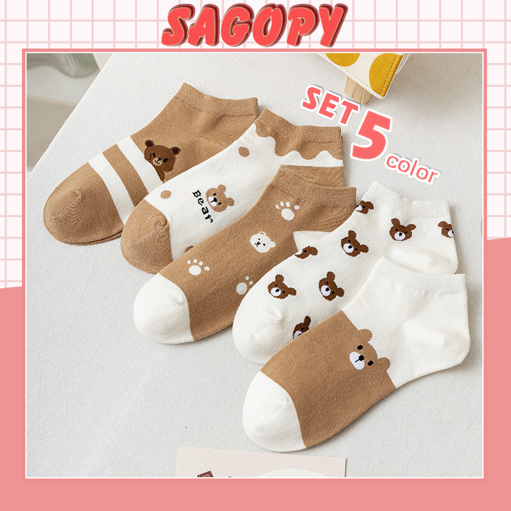 Tất nữ cổ ngắn cute hình GẤU NÂU, vớ nam nữ cao cổ ngắn phong cách Vintage hàn quốc chống hôi chân Sagopy TN34