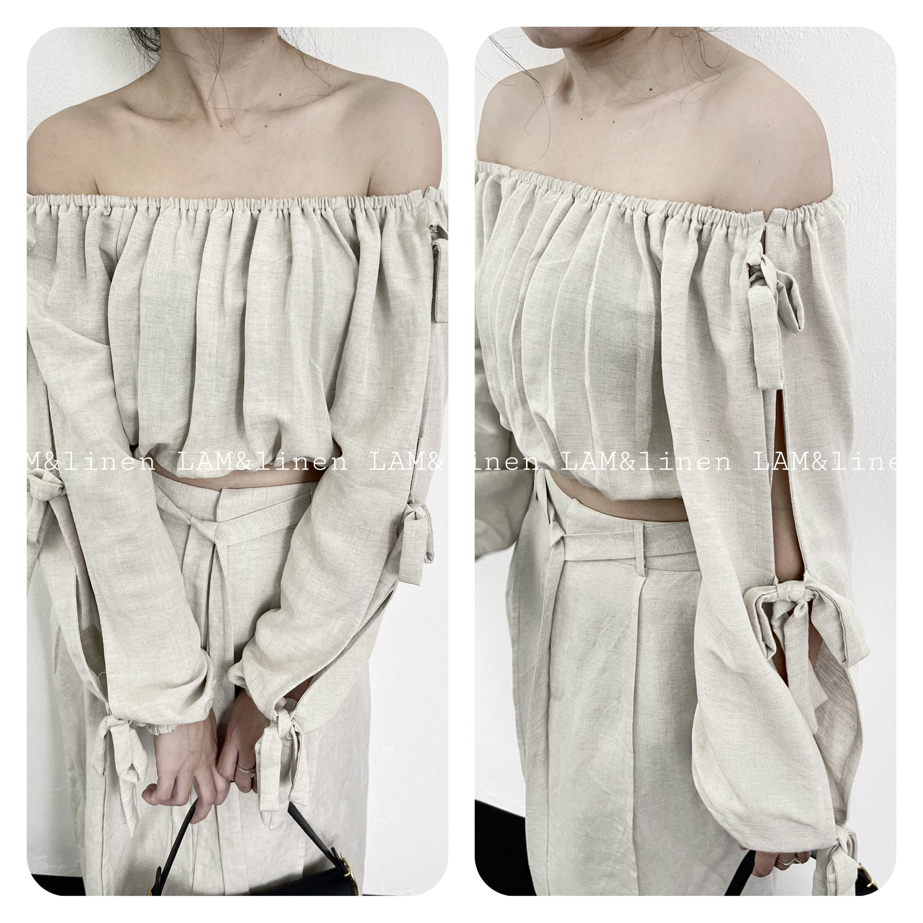 Áo kiểu trễ vai thắt nơ Linen