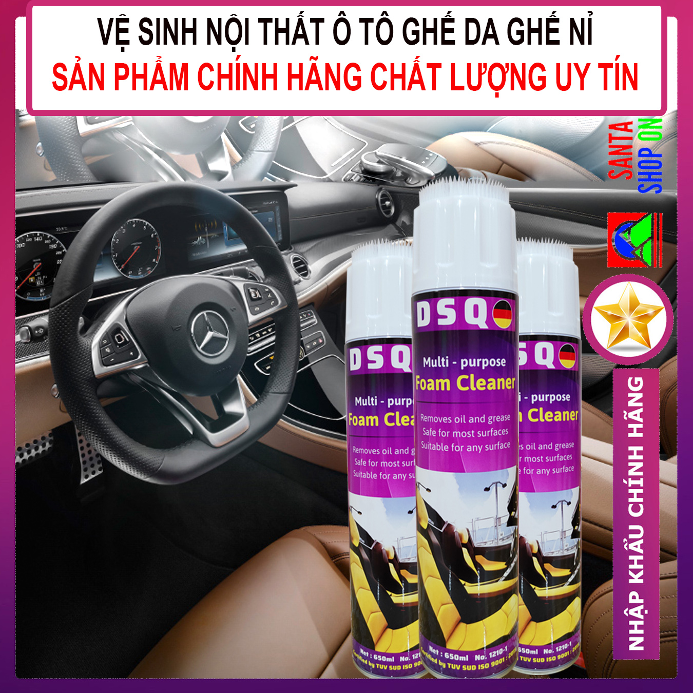[SẠCH BÓNG] Chai Xịt Vệ Sinh Ghế Da, Sofa, Nhựa Nhám - Tẩy Vết Bẩn Trên Nội Thất Xe Hơi - Bọt Tẩy Rửa Đa Năng - Làm Sạch Bàn Kính, Tivi, Laptop, Đồ Điện Tử - DSQ FOAM CLEANER 650ML- SANTA Nhập Khẩu