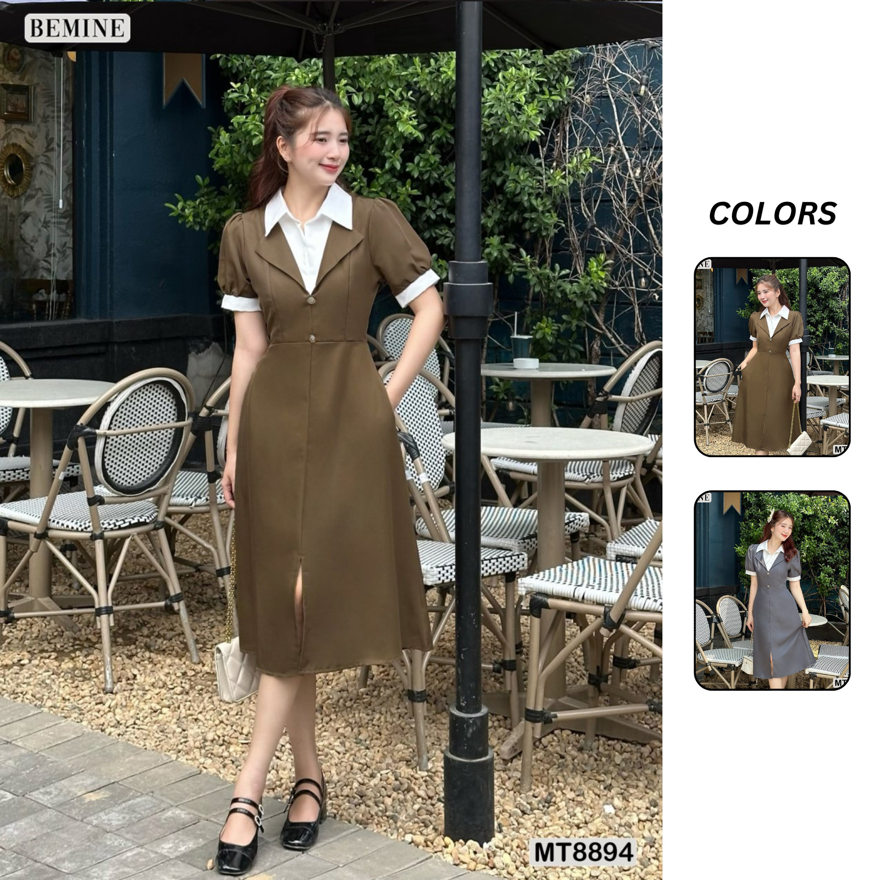 Đầm thiết kế cổ phối sơ mi tay phồng dáng xoè bemine mt8894