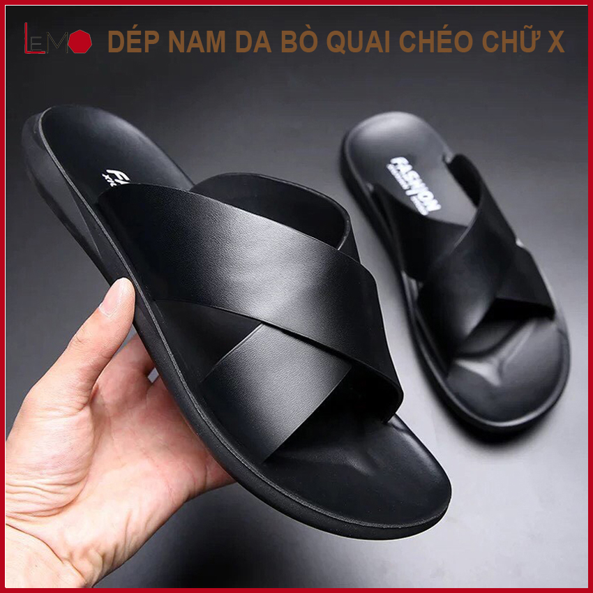 Dép da nam quai chéo chữ x lemo, dép nam đế cao su đúc, dép da chống nước - mã số : lmd116-01