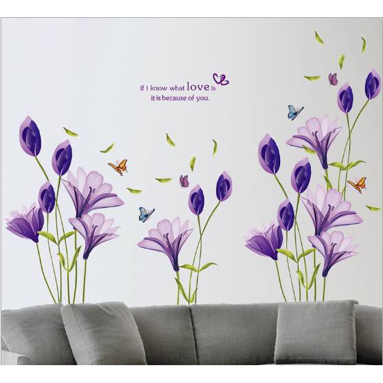 Decal dán tường hoa bách hợp tím - tranh dán tường dán kính 3D hoa bách hợp tím sang trọng và lãng mạn