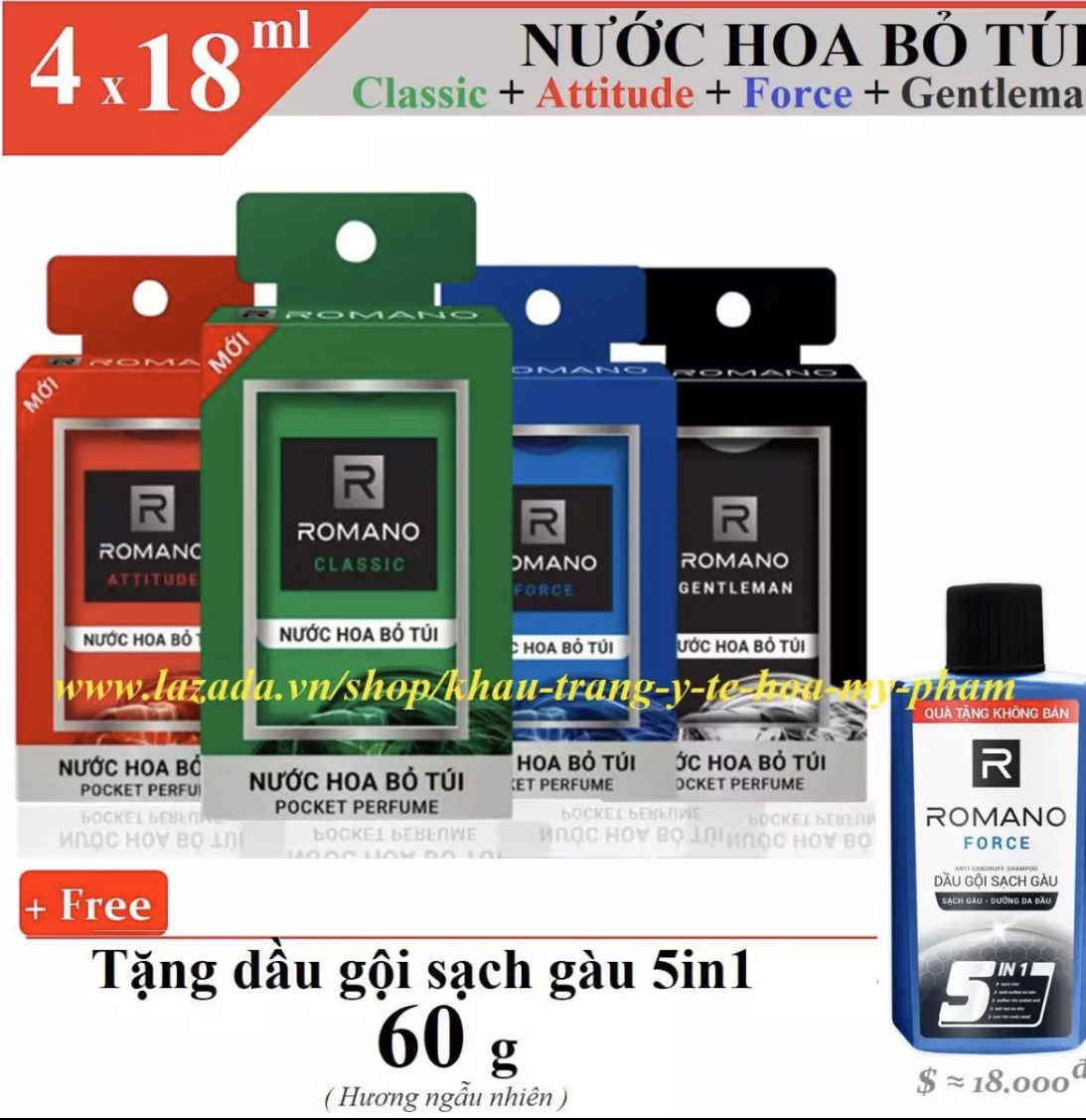 Romano - Combo 4 x Nước hoa bỏ túi 18 ml + Tặng dầu gội sạch gàu 60 gr