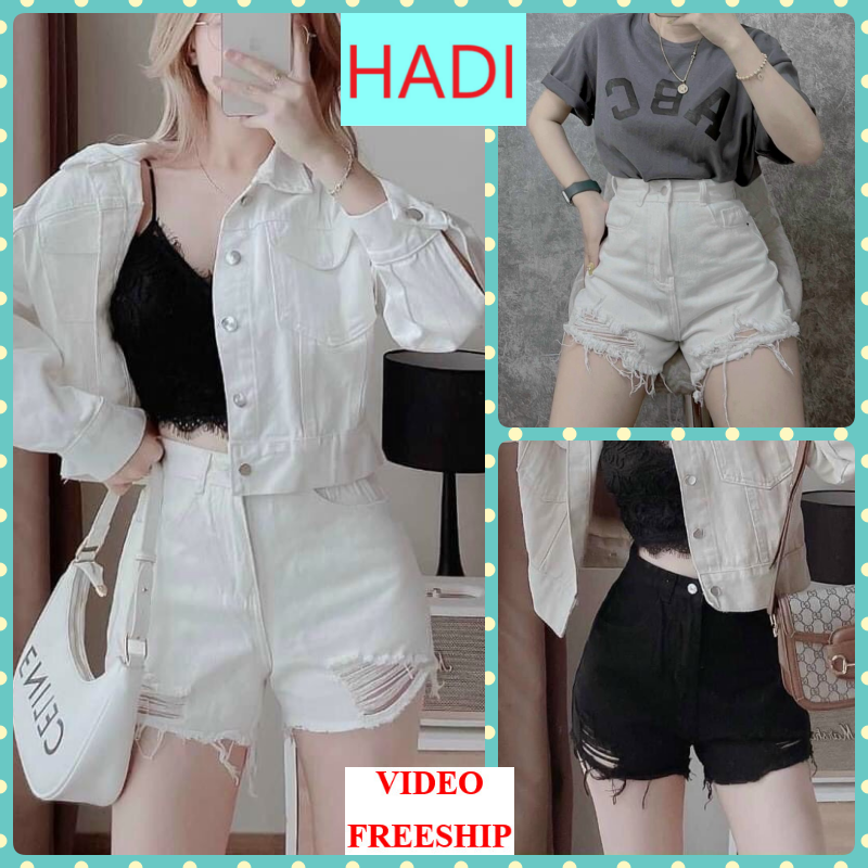 Quần sort đùi jeans nữ lưng cao lai tua rách cào đùi nhẹ màu trắng, đen siêu hot hit mát mẻ hadi thời trang