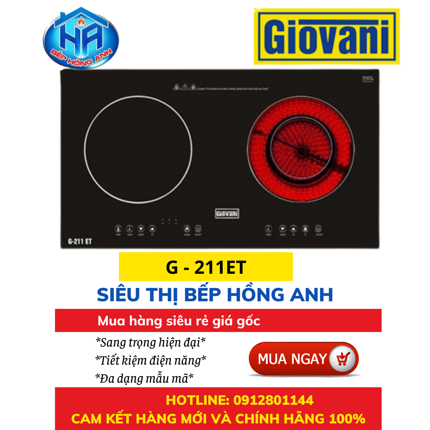 Bếp Từ Đôi Giovani G -211ET - Kết Hợp 1 Bếp Điện, 1 Bếp Từ -Hàng Chính Hãng