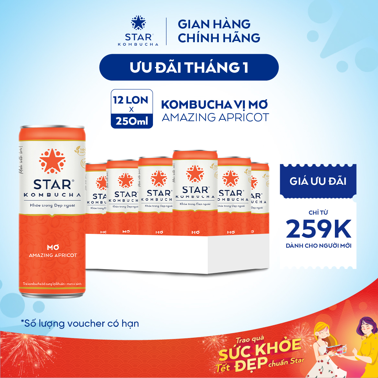  Thùng 12 lon trà STAR KOMBUCHA Mơ   Amazing Apricot  250ml lon  - Trà lên men vi sinh chứa probiotics giúp bảo vệ sức khoẻ thanh lọc toàn diện tăng đề kháng dùng cho mọi lứa tuổi Chứng Nhận FDA tiêu chuẩn Mỹ 