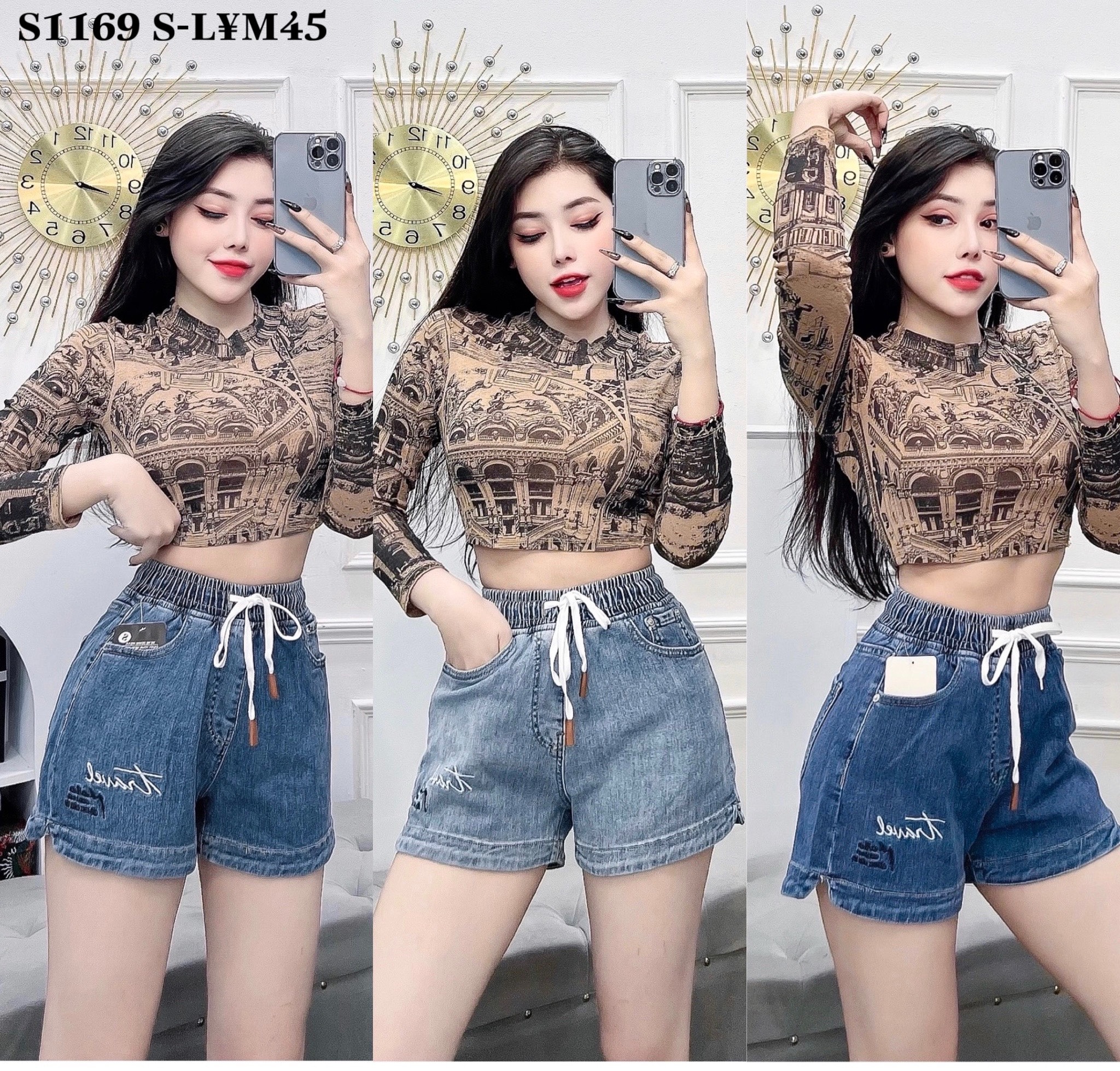 Quần short jeans nữ lưng thun xẻ tà thể thao |1169