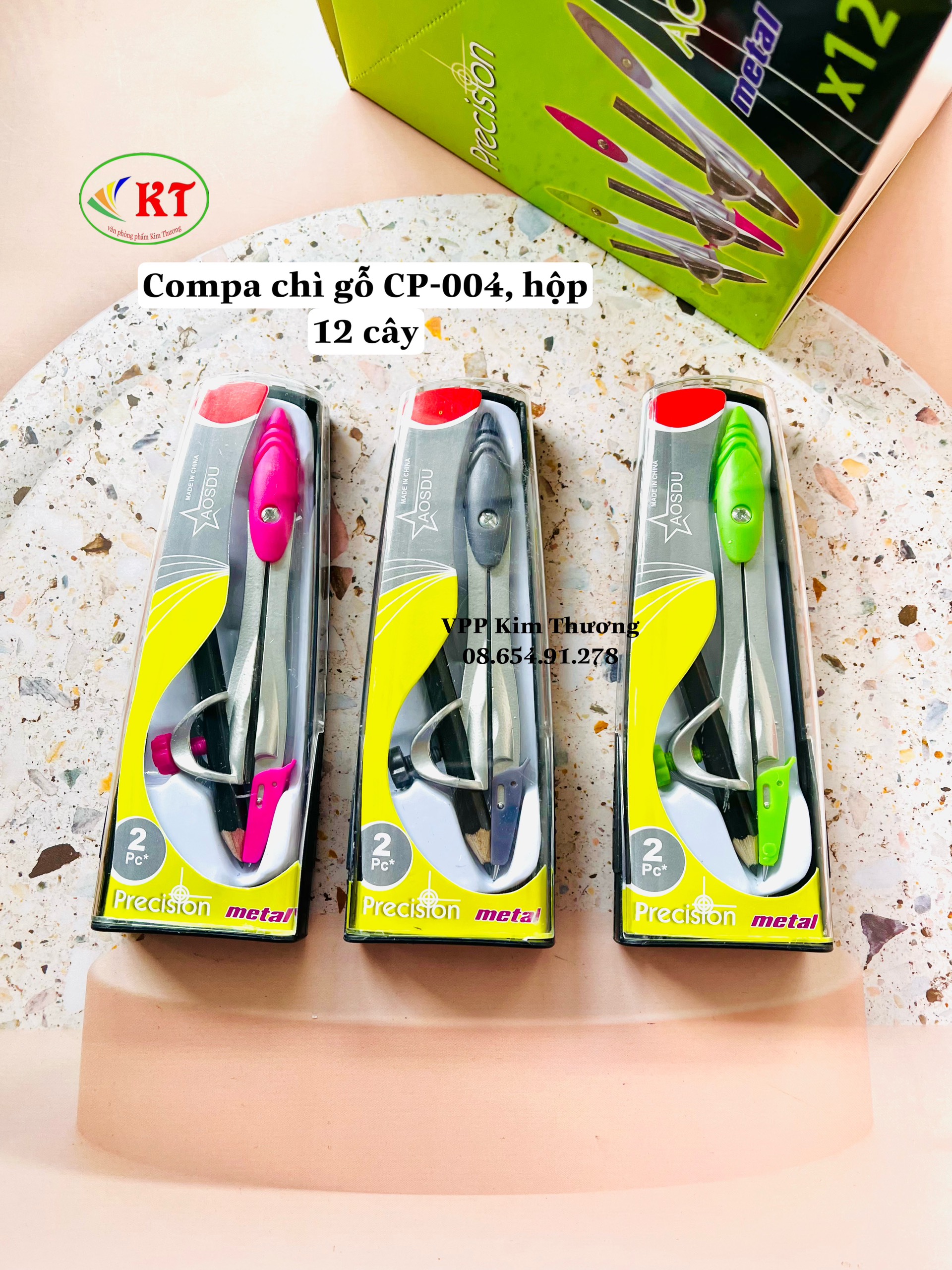 Compa chì gỗ hồng, xanh, xám. Hộp 1 cây kèm bút chì