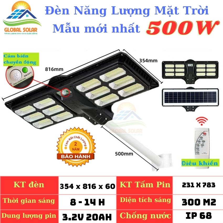 Đèn Led Năng Lượng Mặt Trời Global Solar Liền Thể 300W 400W 500W Chống Nước IP68 Sáng Suyên Đêm Tự Động Tắt Bật Cảm Biến Ánh Sáng Bảo Hành 24 Tháng. Tặng Kèm Cần Đèn Remote Ốc Vít Nở Sắt. Nhất 2023