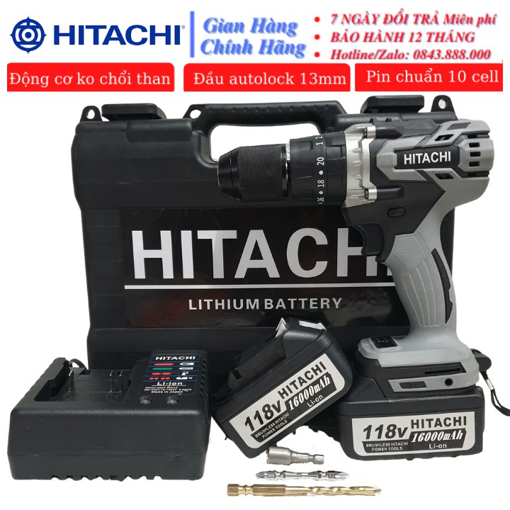 Máy Khoan pin KHÔNG CHỔI THAN HITACHI 118V 3 chức năng, CÓ BÚA, LÕI ĐỒNG, PIN KHỦNG 10 CELL - TẶNG MŨI BẮN TÔN, VÍT