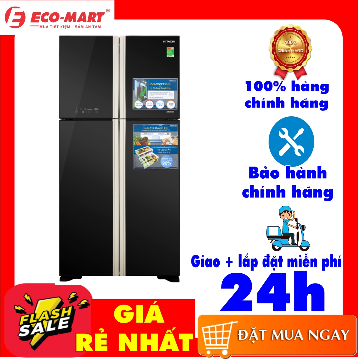 [Trả góp 0%]Tủ lạnh Hitachi Inverter 509 lít 4 cánh màu đen R-FW650PGV8(GBK) Inverter tiết kiệm điện Mặt gương sang trọng dễ vệ sinh Bảng điều khiển bên ngoài