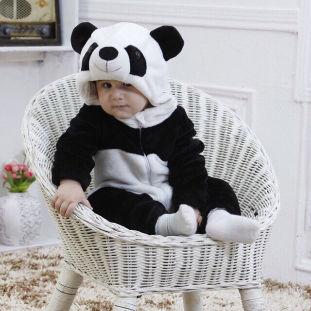 Bộ liền thân động vật hình gấu trúc chất liệu nhung lông cho bé