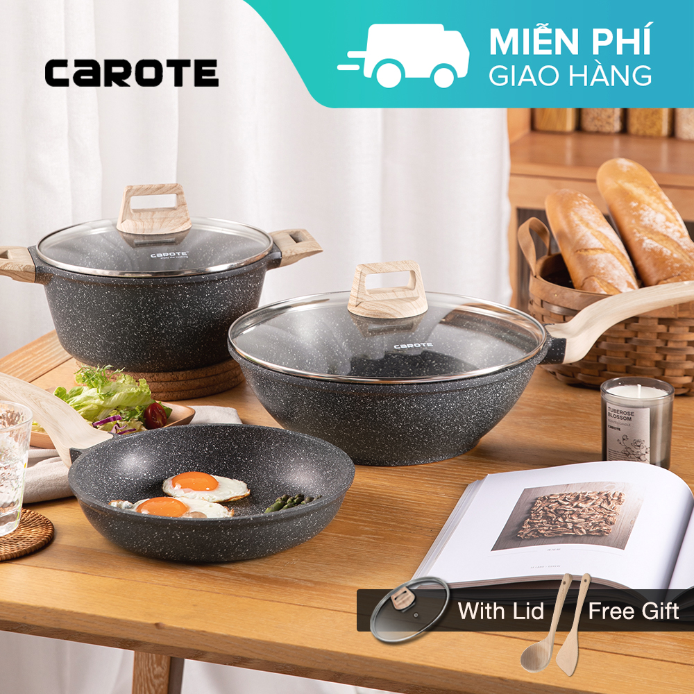 Bộ 3 món nồi chảo đá chống dính carote® essential woody - nồi hầm 24cm & chảo chiên 26cm & chảo xào 30cm - màu xám có nắp kèm sạn và muôi gỗ phù hợp bếp từ