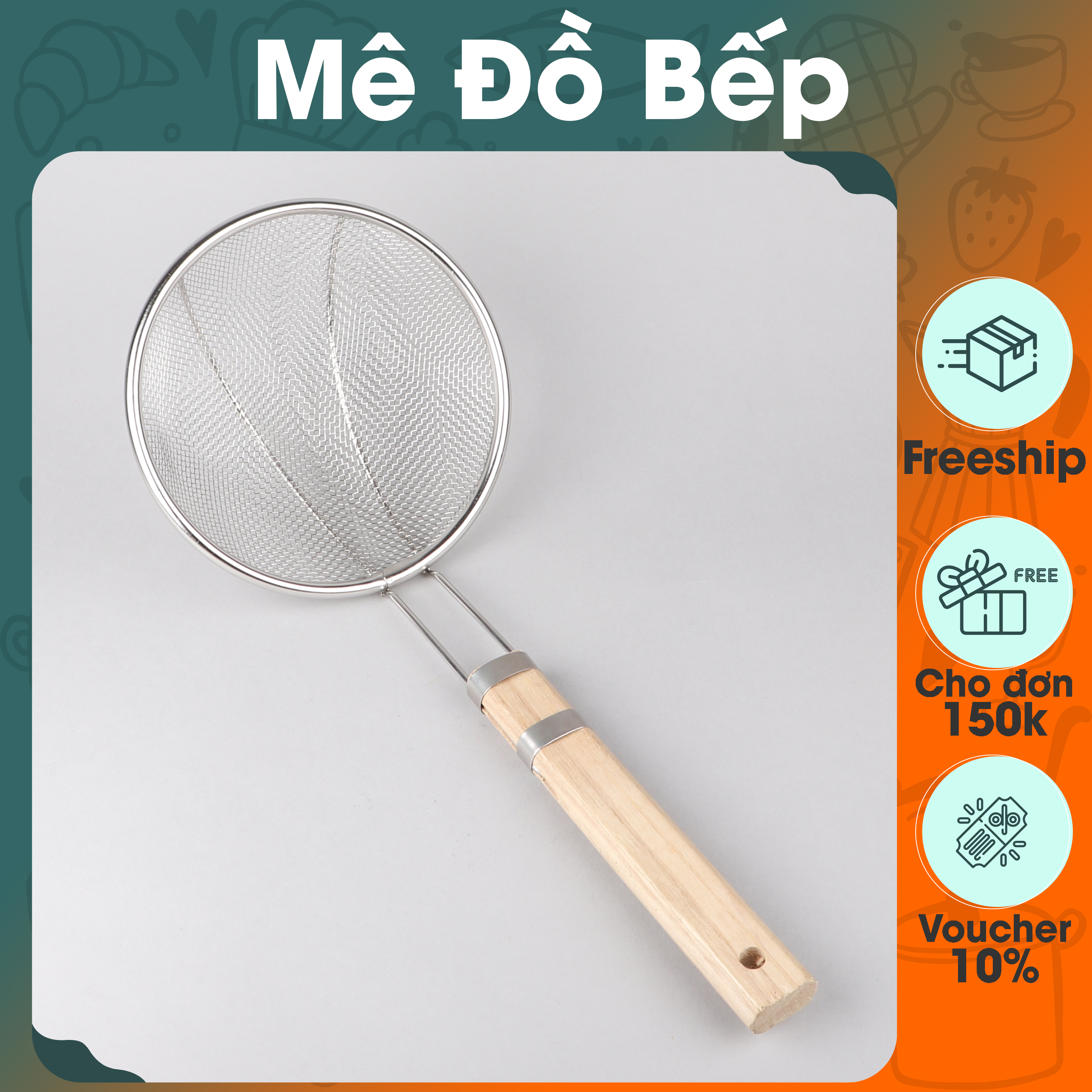 Vợt lưới vớt thức ăn inox cán gỗ đường kính 14cm cao cấp VCG01 - Gia dụng bếp