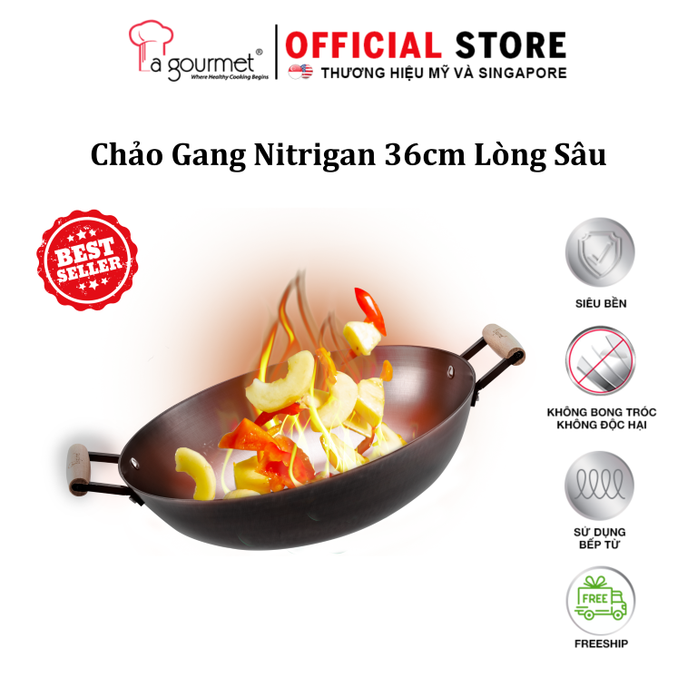 Chảo gang đúc nguyên khối 36cm Wok chống dính tự nhiên chiên giòn thức ăn sử dụng bếp từ an toàn sức khỏe siêu bền không phủ lớp chống dính chứng nhận an toàn thực phẩm FDA chính hãng THƯƠNG HIỆU MỸ và SINGAPORE đoạt giải thưởng người tiêu dùng 347671
