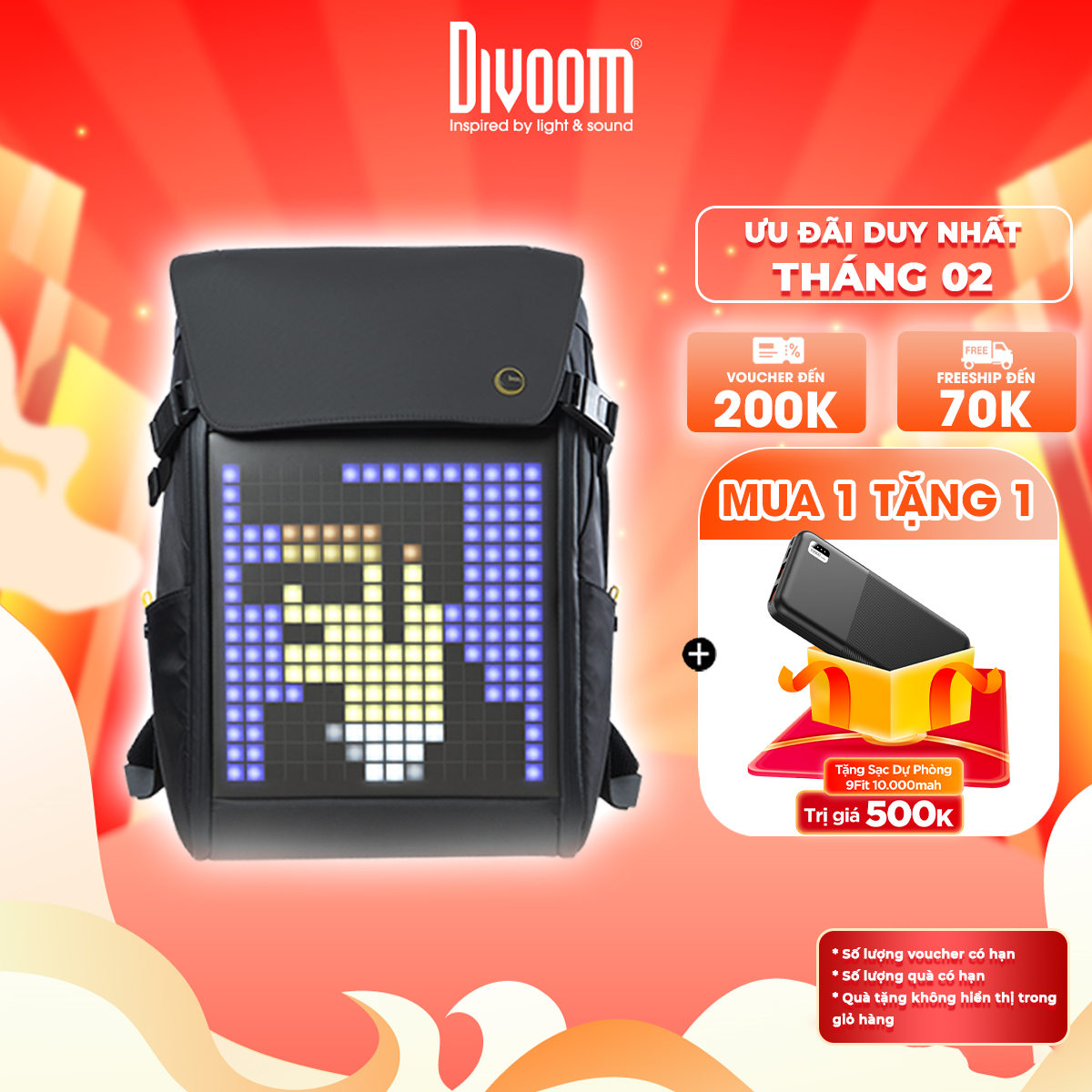 Balo DIVOOM Pixoo Backpack-M, hiển thị màn hình LED thông minh, ngăn chứa Laptop 15 inch