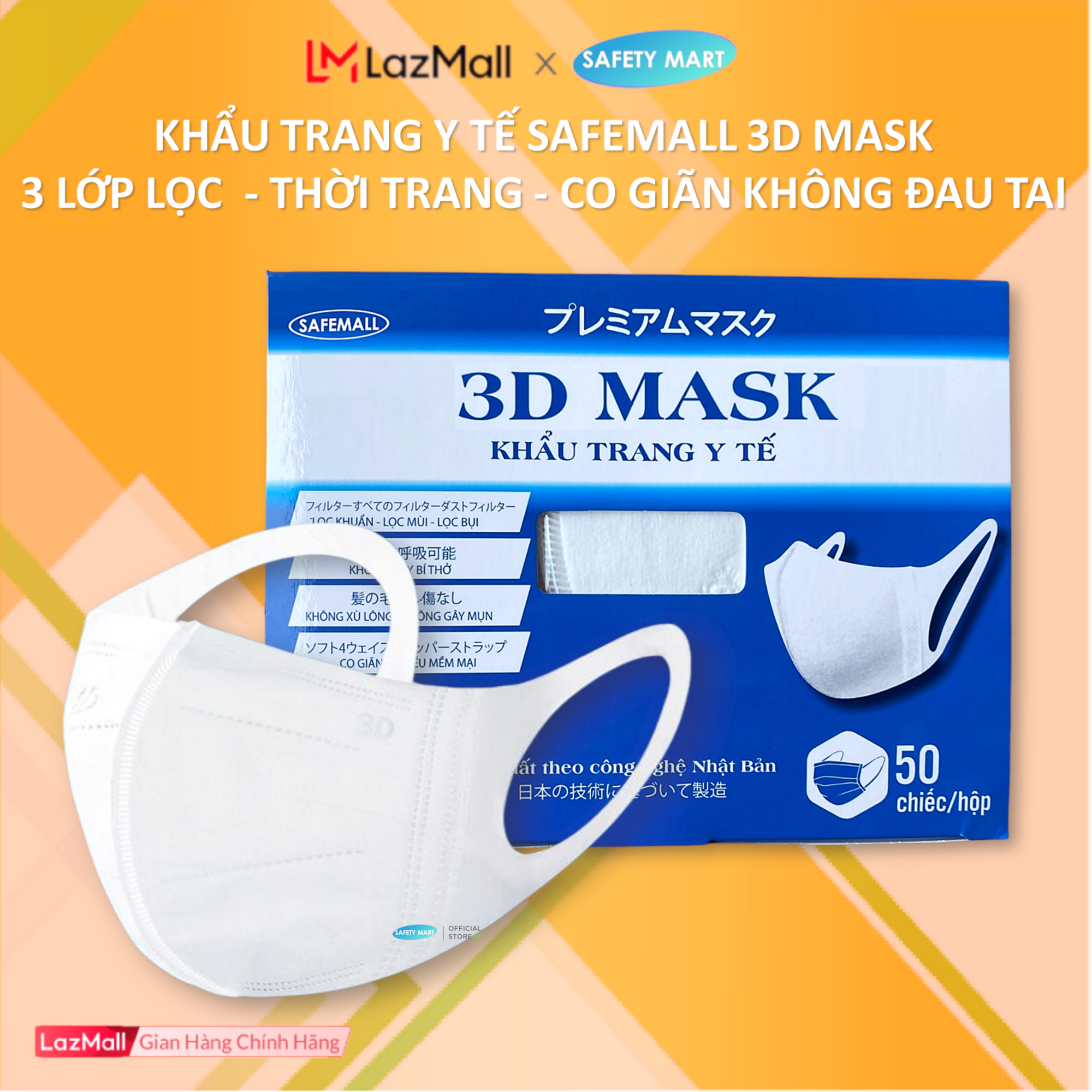 [HOT] Hộp 50 chiếc Khẩu trang y tế 3D Mask màu trắng thời trang SafeMall, Khẩu trang 3 lớp kháng khuẩn công nghệ nhật Bản Japan Technology, ngăn ngừa bụi mịn, vi khuẩn, ô nhiễm...- Hàng Chính Hãng Safety Mart Official