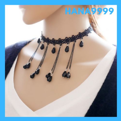 Vòng cổ choker ren hoa treo hạt ngọc đen cá tính