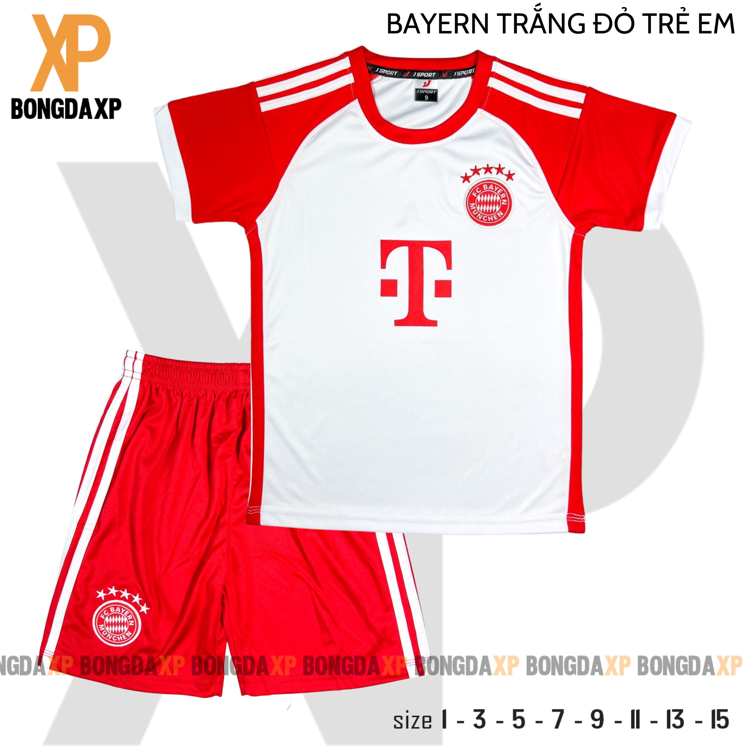 Quần áo bóng đá trẻ em, đồ đá banh trẻ em Bayern Trắng đỏ Vải thun lạnh cao cấp