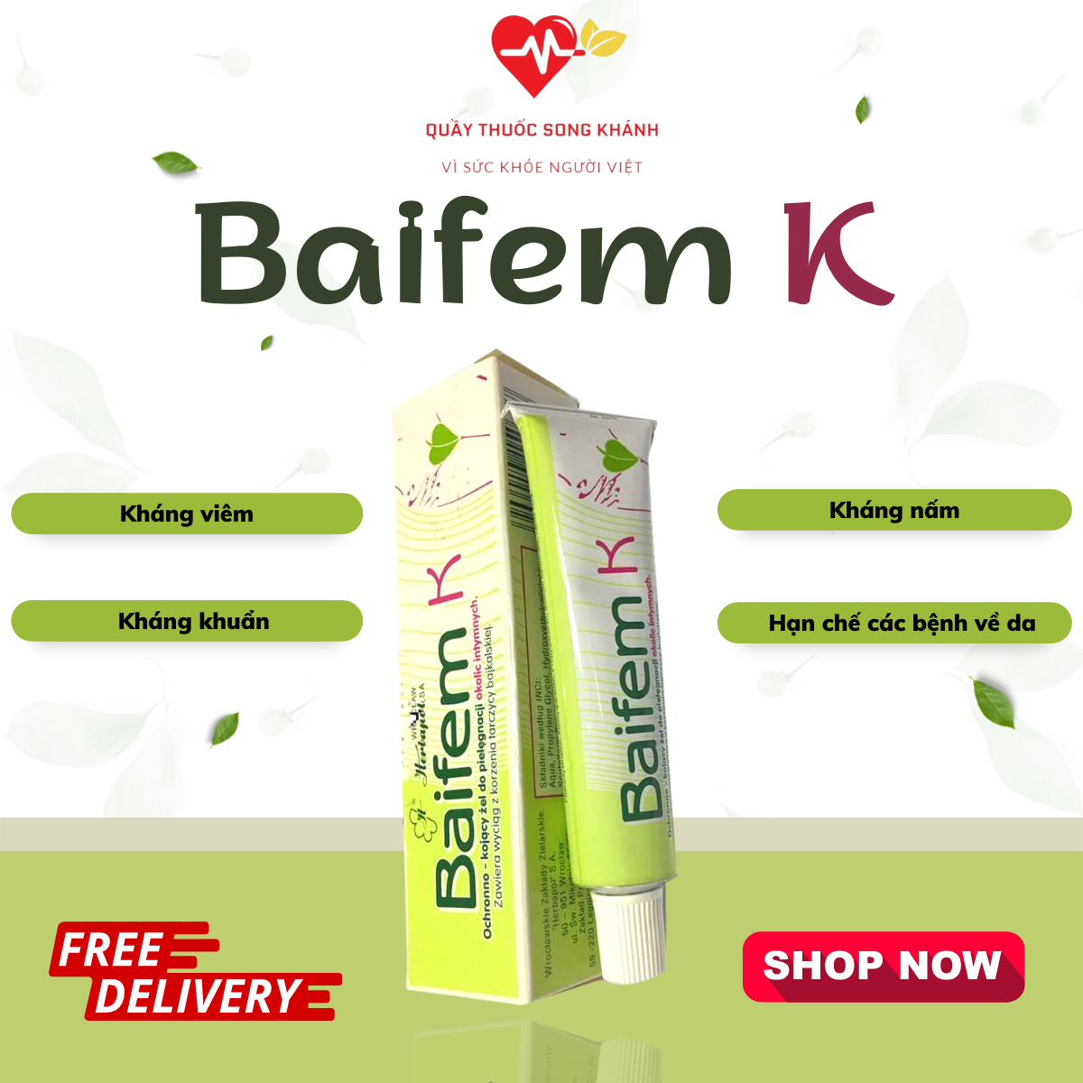 Kem bôi Baifem K cho da nhạy cảm, làm dịu nhẹ nhanh, giảm ngứa mề đay, viêm da, giảm kích ứng, mẩn đỏ da, ngừa nấm, ký sinh trùng giúp bảo vệ da, niêm mạc trước nguy cơ viêm nhiễm dưỡng ẩm, giảm khô - Song Khánh Pharmacy - 15g