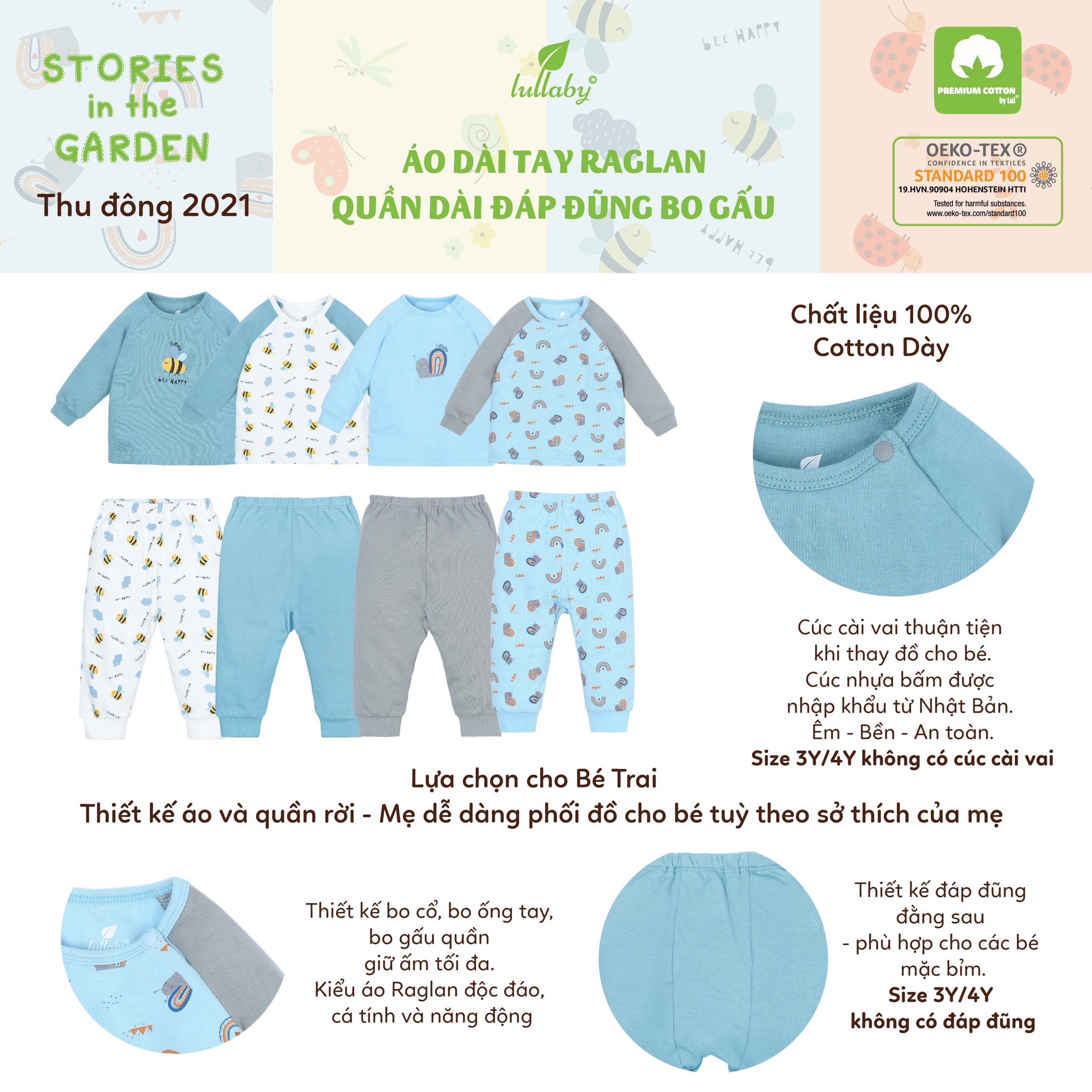 Bộ cổ tim raglan bé trai thu đông 2021 Lullaby