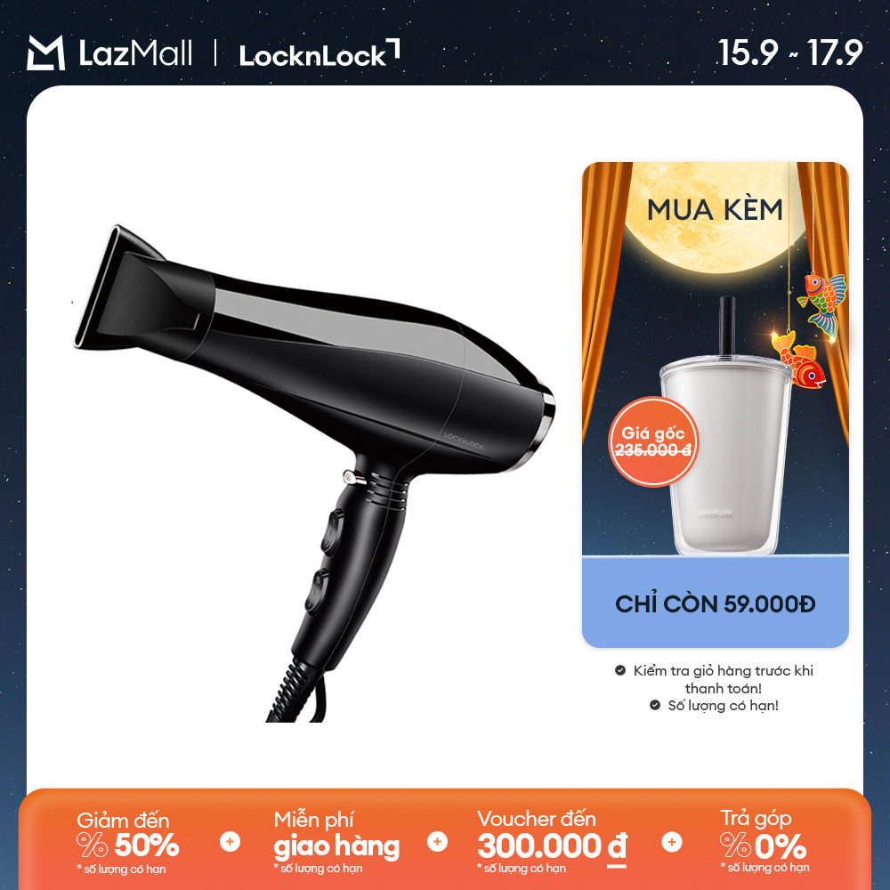 Máy sấy tóc lock&lock - ena146blk - thiết kế thời trang cao cấp - 3 chế độ nhiệt - công suất lớn 2200w - hàng chính hãng - bảo hành 2 năm