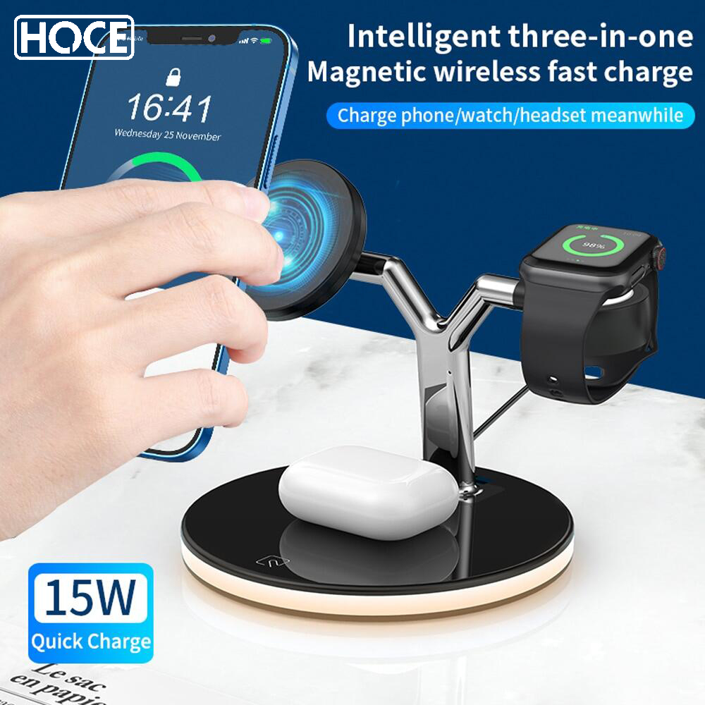 HOCE Bộ Sạc Không Dây Từ Tính 3 Trong 1 Trạm Sạc Nhanh 15W Cho Magsafe iPhone 12 13 Pro Max Bộ Sạc Cho Apple Watch Airpods Pro